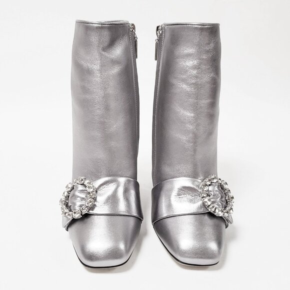 DOLCE & GABBANA BOOTS ANKLE METALLIC SILVER LEATHER JEWELED BUCKLE IT 38 US 7.5 - Picture 10 of 13